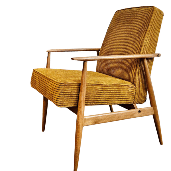 Mid-Century Sessel „Cordelia“ – Senfgelbes Cord­velours & Eichenholz